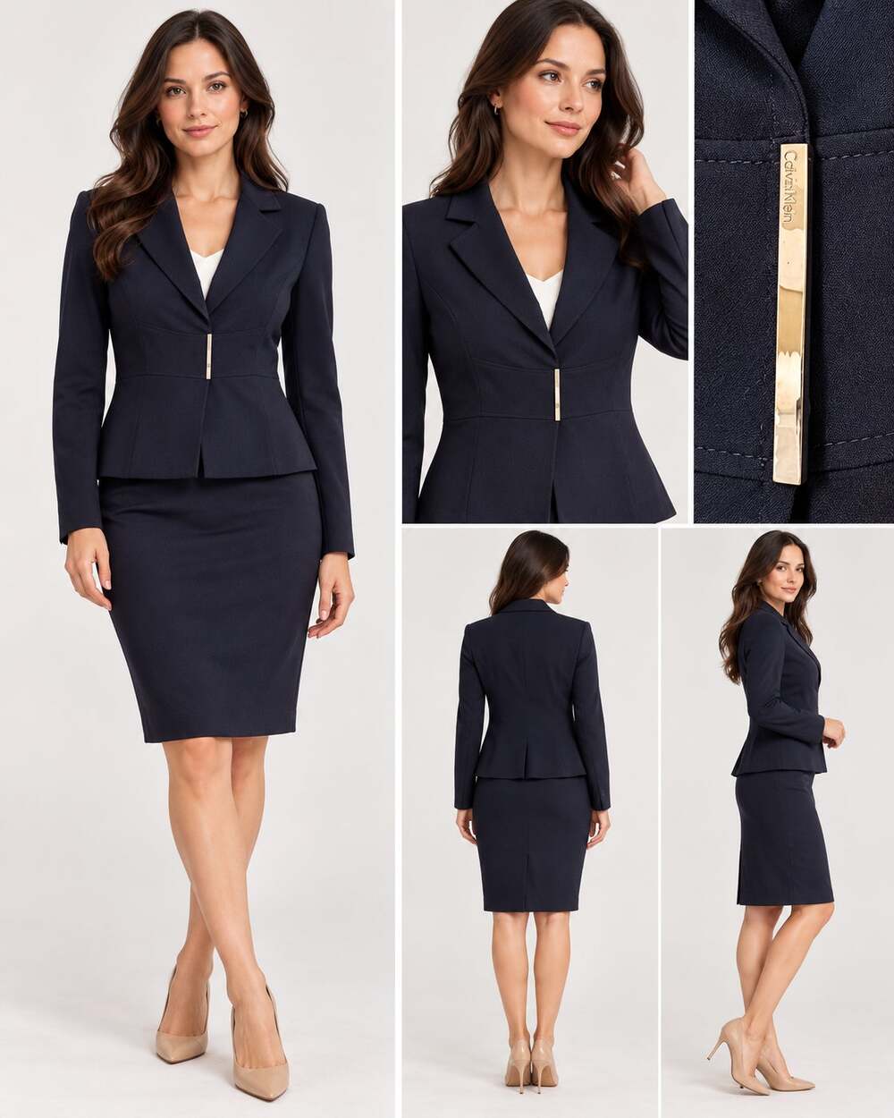 Calvin Klein Navy Blue Skirt Suit Size 2 Blazer Pencil Skirt Gold Bar Closure